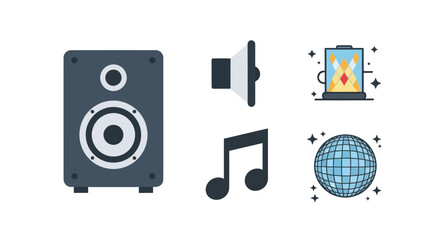 Audio Speaker, Music Note, Disco Ball, and Party Lights Icons - Isolated on White Background