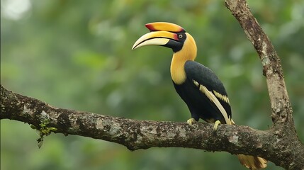 Obraz premium A great hornbill with a large yellow casque rests on a textured tree branch against a soft green bokeh background.