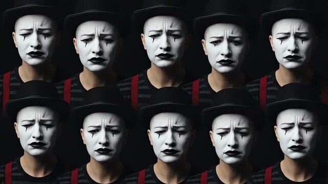 Mime Face Laughing Expression Collage, Multiple Pantomime Portraits with Black Hat and White Makeup, Energetic Theatrical Emotion in Dark Studio
