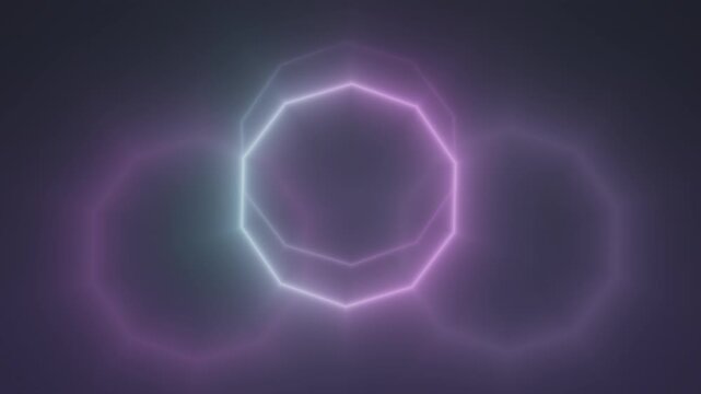 Neon shapes glow and overlap around a central decagon