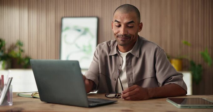 Business, thinking and man with laptop, stress and deadline for sales report, anxiety and internet. Professional, pc and person in office, tension and email for funding rejection and website glitch