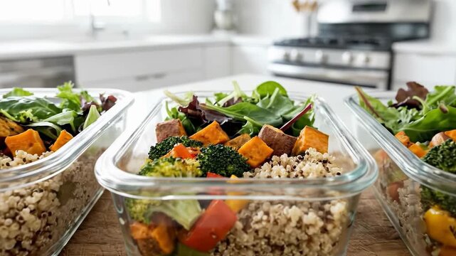 Three glass meal prep containers filled with quinoa, roasted sweet potato, broccoli, and fresh greens on a wooden counter in a bright white kitchen