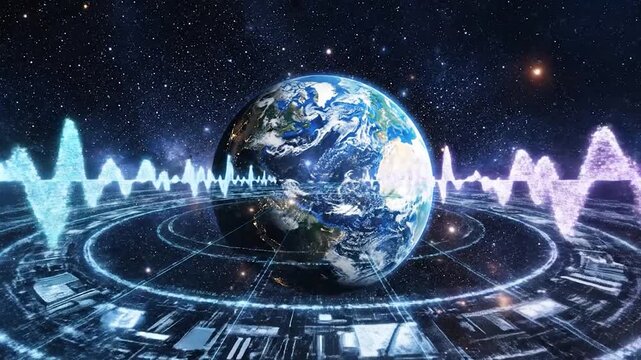 Digital sound waves and data rings encircle planet Earth in a cosmic background