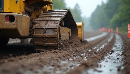 Bulldozer track digs into wet mud on unpaved road. Heavy construction machine works on dirt site. Orange traffic cones mark lane during roadwork project.