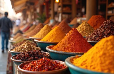 Fototapeta premium Colourful spices piled in bowls at a Dubai market. Various ground and whole spices for cooking. People shop for aromatic ingredients in traditional bazaar.