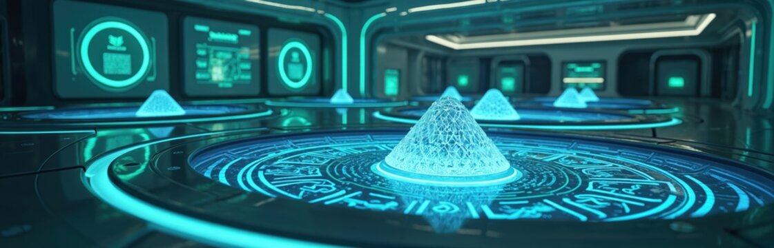 Futuristic glowing lab contains pyramid objects on circular glowing platforms. Digital displays show complex data, science, and energy research.