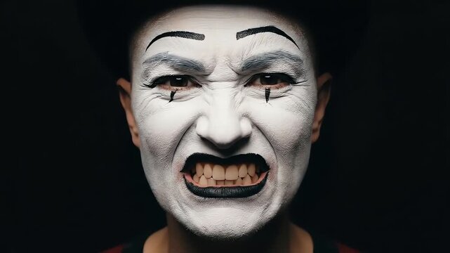 Mime Face Expression Collage, Multiple Pantomime Portraits with Black Hat and White Makeup, Emotional Variety in Dark Theatrical Studio Background