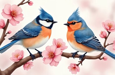 Fototapeta premium Two blue and orange birds sit on a branch with pink blossoms. This watercolor painting shows two small animals in nature during springtime. Use for cards or decor.