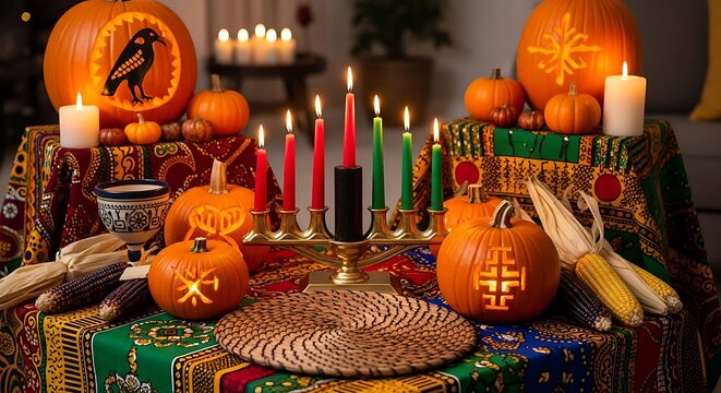 Kwanzaa Celebration with Carved Pumpkins and Kinara.