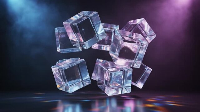 Abstract clear glass cubes floating in vibrant blue and purple light