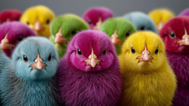 Colorful chicks in various shades of blue, pink, yellow, and green gather closely together, showcasing their vibrant feathers and curious expressions in a soft-focus background