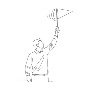 Man Holding Small Triangular Pennant Flag with Arm Raised - One Line Vector