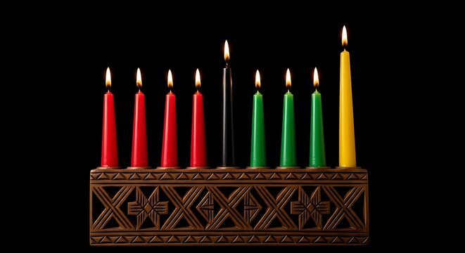 Kwanzaa Kinara with Lit Candles on Black Background.
