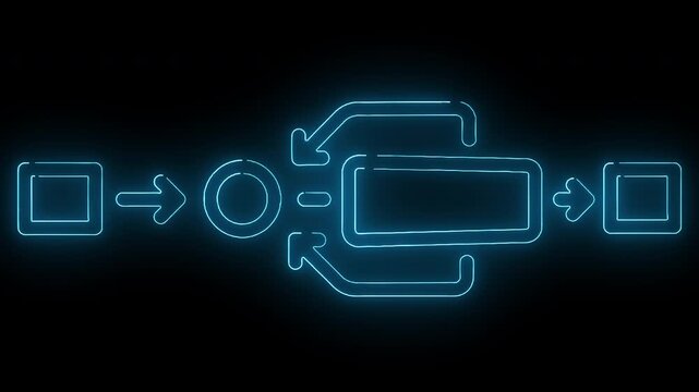 Neon blue flowchart diagram with arrows and rectangles on a black background with a futuristic and technological mood.