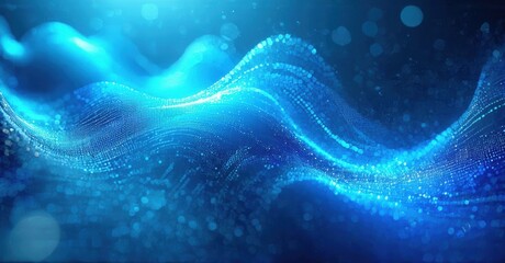 Abstract blue waves, glowing particles, dynamic energy flow. Digital illustration, futuristic design, vibrant colors. Smooth gradients, light effects.