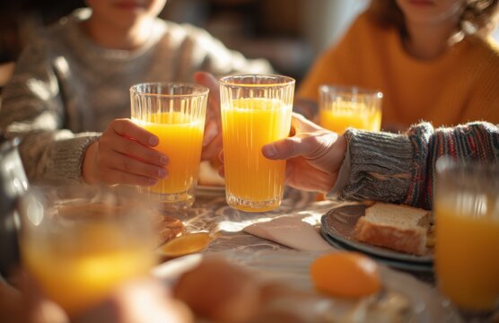 Children And Adult Sharing Orange Juice At Family Breakfast Table