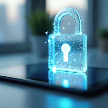 Glowing digital lock icon floats above tablet screen. Represents data security, time management, digital safety, online privacy, and secure transactions. Modern concept of protection.