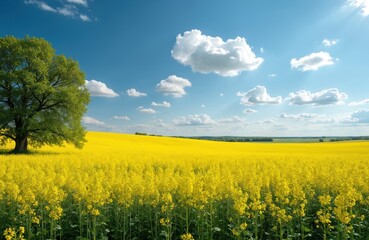 Vast yellow canola field stretches under a bright blue sky with white clouds. A large green tree stands to the left near rolling hills. Sunny day.