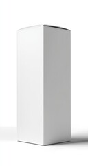 Naklejka premium A tall, white, rectangular product box stands on a white surface, casting a subtle shadow