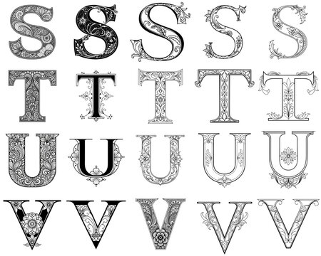 A set of vector pencil drawings of decorative letters S,T,U,V of the alphabet with ornaments are examples of artistic calligraphy and illuminated initials.