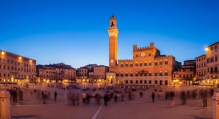 Naklejka premium Piazza del Campo Siena Italy at Dusk with Torre del Mangia.