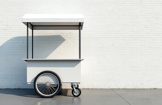 White empty street vending cart awaits customers. Mobile kiosk on wheels, ideal for food business startup. Retail stall ready for product display and sale outside.