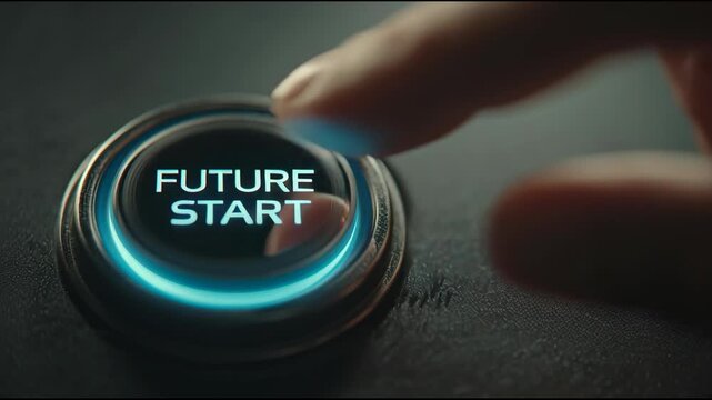 A finger presses a futuristic button with a glowing blue ring and the words Future Start on a dark surface from a close-up viewpoint
