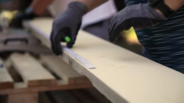 Worker measures the length of the wooden log with a ruler and marks the location of the cut with a pencil. 