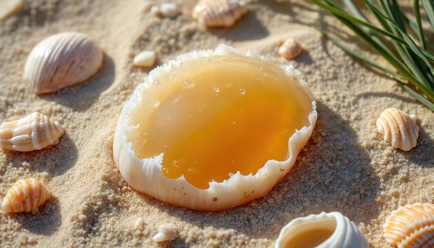 Close up photo of rare ambergris piece nestled in sand with seashells. Golden organic mass glistens, reflecting soft light. Unique natural treasure from ocean depths, found on coastal shore.