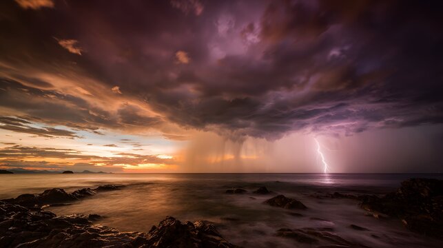 Dramatic sunset seascape lightning strikes stormy ocean powerful moody cinematic image