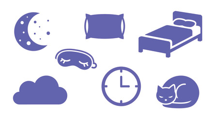 Obraz premium A collection of purple icons representing sleep and nighttime, including a moon, cloud, pillow, bed, sleeping mask, clock, and a sleeping cat.