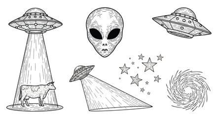 A collection of hand-drawn illustrations depicting UFOs, aliens, and related extraterrestrial themes, including a cow abduction. © renender