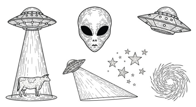 A collection of hand-drawn illustrations depicting UFOs, aliens, and related extraterrestrial themes, including a cow abduction.