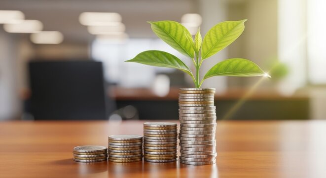 Growing Investment: A fresh sapling sprouts from a stack of coins, symbolizing financial growth and sustainable investment, in a blurred office background.