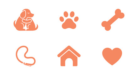 A collection of six orange icons representing various aspects of pet ownership and care, including a dog, paw print, bone, leash, dog house, and heart. © renender