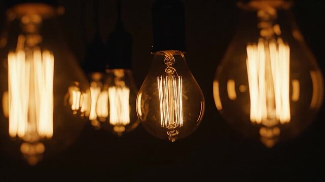 Multiple glowing vintage Edison light bulbs illuminate a dark background