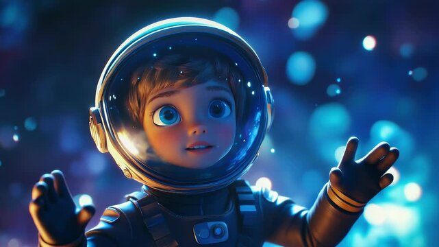 
Little astronaut floating among glowing stars in magical cosmic universe, cinematic science fiction atmosphere, adorable child astronaut character, futuristic astronaut suit, colorful galaxy b