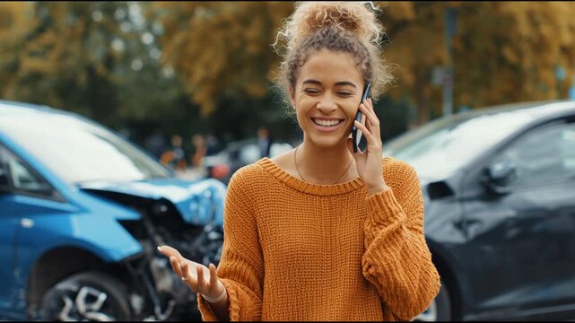 Woman having a conversation on phone near damaged cars in parking lot