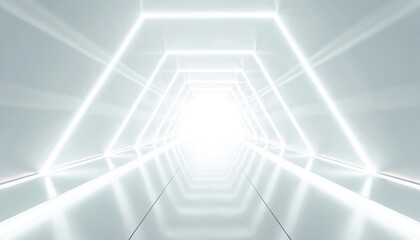 Futuristic white tunnel with glowing geometric light lines. Abstract corridor recedes into bright white light. Clean, modern, empty space for science or tech concepts.