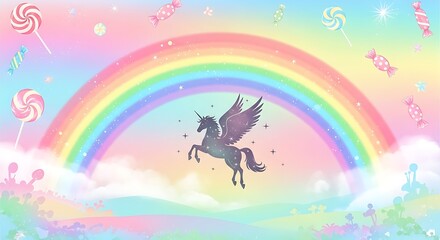 Fototapeta premium Magical Unicorn Flying Through a Rainbow Sky with Candy Clouds.