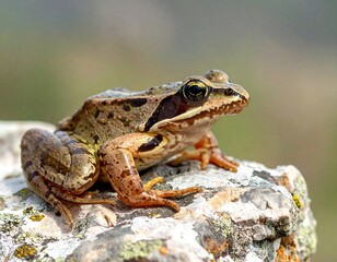Fototapeta premium European Common Brown Frog Resting on a Rock in Natural Habitat.