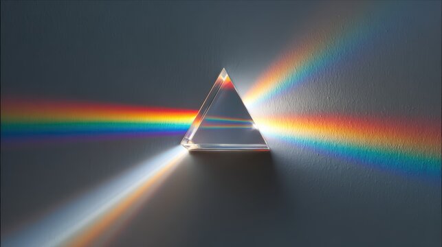 Prism light dispersion, rainbow spectrum beam hitting a white surface, physics of light
