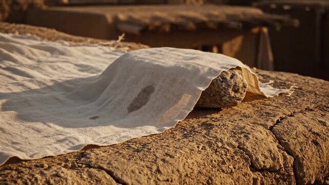 A piece of cloth draped over a stone surface, representing daily life in biblical times. The setting is rustic and ancient, evoking a sense of historical significance.