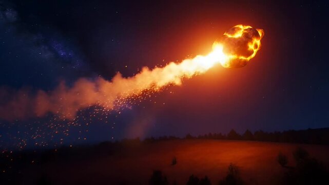 Fiery Meteorite Impacting Earth Sky, Space Debris Cosmic Event Illustration