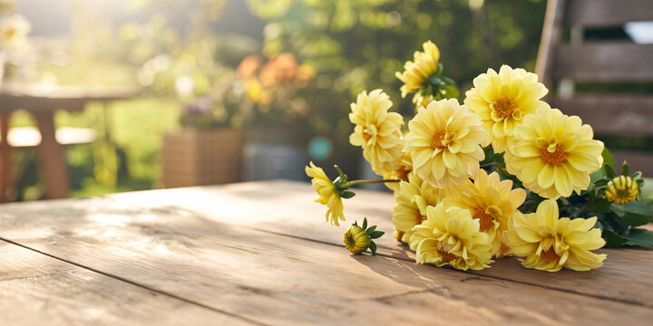 Yellow dahlia flowers on a rustic wooden table in a sunny garden with a bright bokeh background