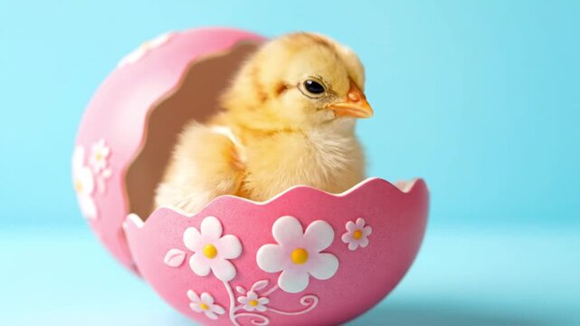 A small yellow chick emerges from a pink eggshell decorated with flowers. The background is a soft blue, creating a cheerful spring atmosphere.