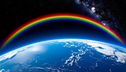 Naklejka premium Earth View from Space with Rainbow Bridge Over Horizon Symbolizing Hope and Opportunity for Future Generations.