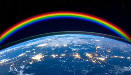 Naklejka premium Rainbow Over Earth Night Lights a Symbol of Hope and Promise for Future.