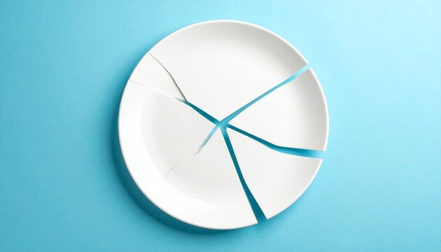 Broken White Plate on Blue Background Fragmentation Concept Loss and Damage Delicate Crisis and Resolution.