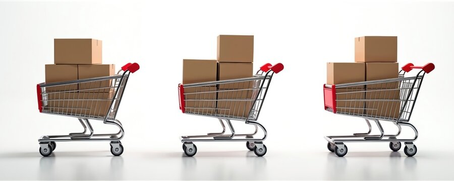 Three shopping carts filled with cardboard boxes stand in row against white background. Carts contain varying quantities of packages. Image represents online shopping, delivery services, consumerism.
